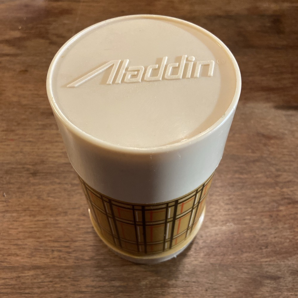 Vintage Aladdin Vacuum Bottle Tan Red Plaid Wide Mouth Thermos Model 44 WM4040